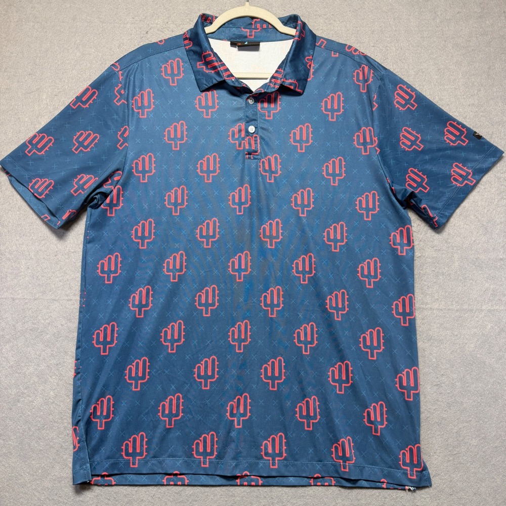 Yatta Golf Mens Large Performance Polo Shirt Navy Blue Pink Cactus Print Stretch
